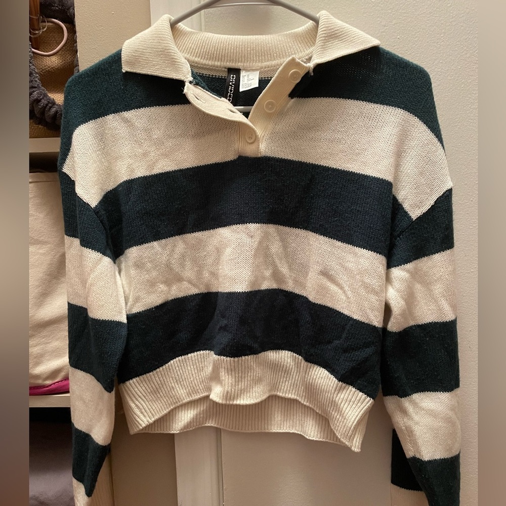 white and green striped collared sweater